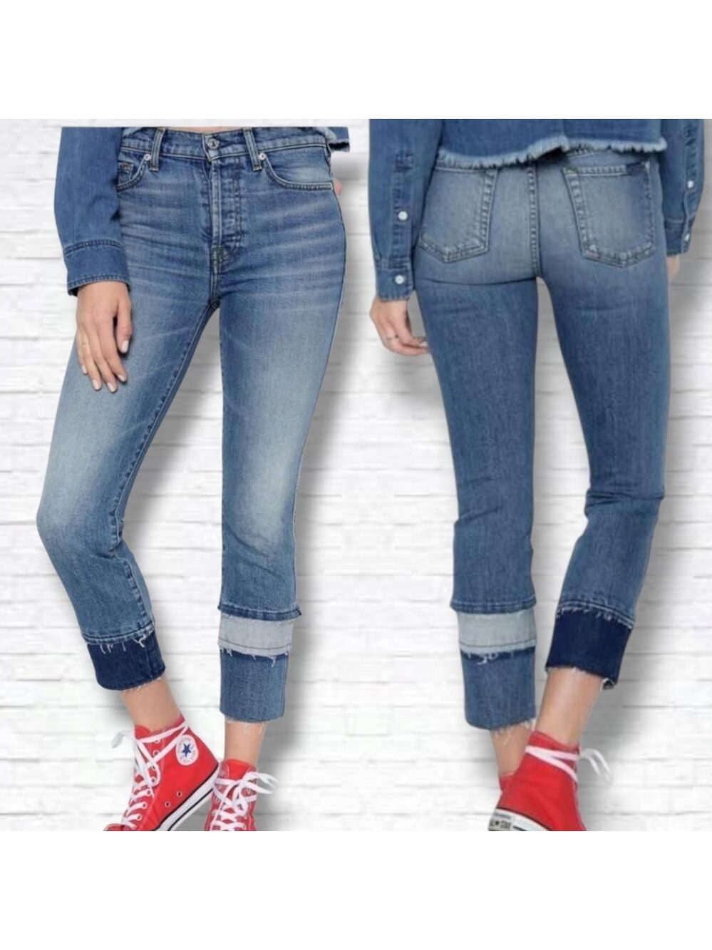 Seven For All Mankind Edie Multi Frayed Cuff Straight Leg Ankle Jeans Size 26